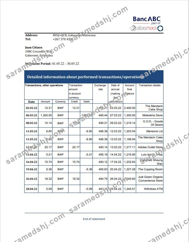 Botswana Bank ABC bank statement template, Excel and PDF format